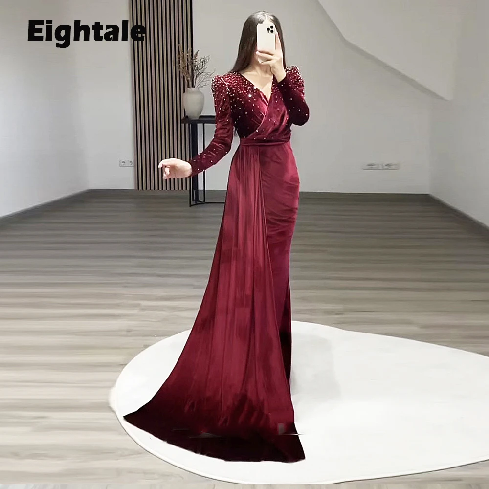 Red Velvet Evening Dresses Long Sleeves Lace Beading Party Prom Gowns H2330  - China Evening Dress and Party Dress price