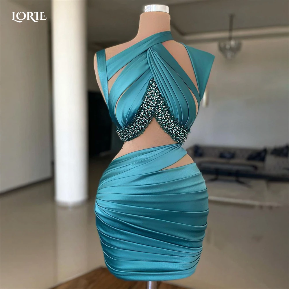 LORIE Tiered Pleats Cocktail Party Gowns Halter Pearls Mini Shiny Satin Dubai Evening Dresses Saudi Arabia Ruched Clubbing Dress