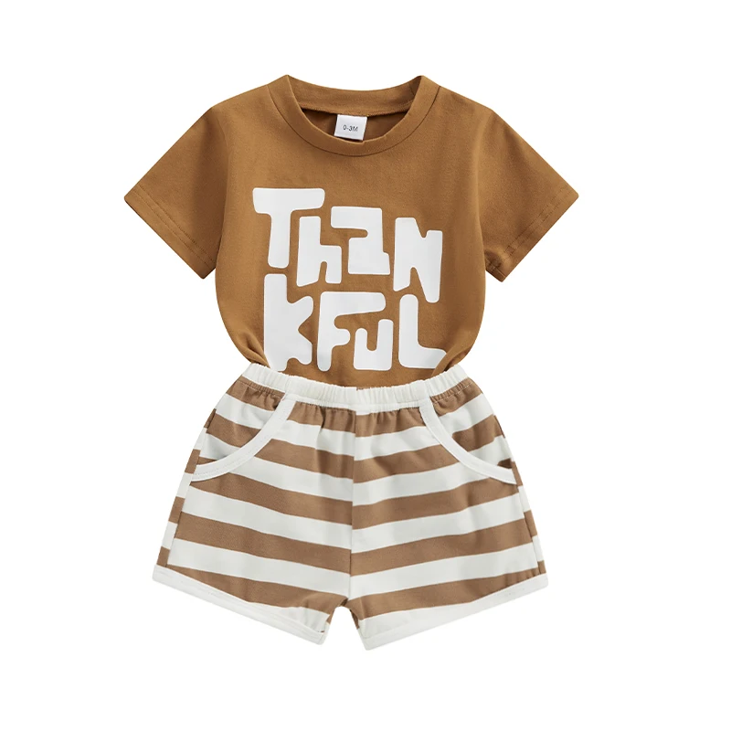 Toddler Boys Summer Outfits Letter Print Short Sleeve T-Shirts Tops and Elastic Waist Stripe Shorts 2Pcs Clothes Set