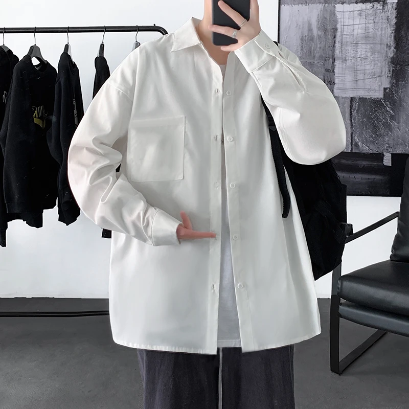 

Spring Youth Korean Fashion Black Long Sleeve Shirts 2022 Mens Harajuku Black Oversized Shirt Button Up Shirts Blouses 3XL
