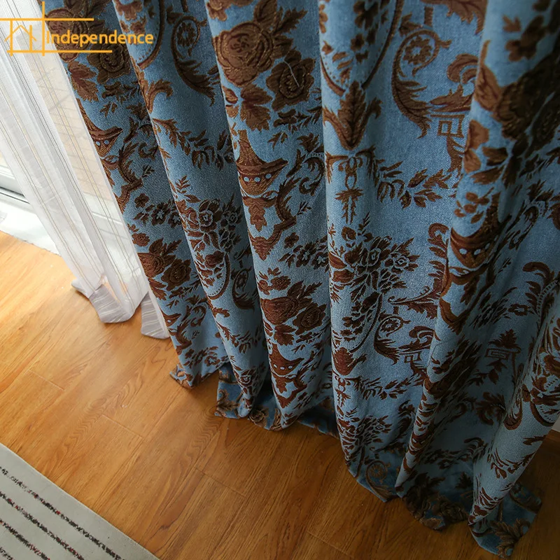 

European Style Classic Blue Chenille Jacquard Thickened Blackout Curtains for Living Room Bedroom Partition Finished Product