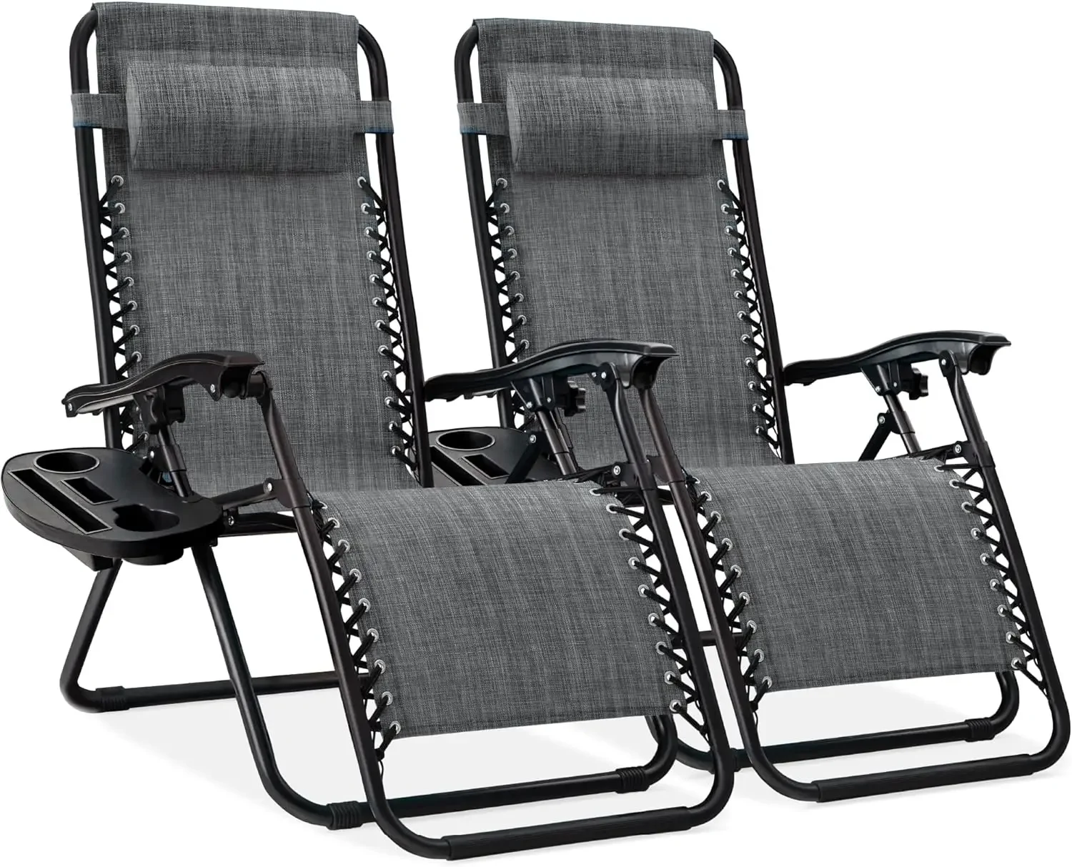 

Set of 2 Adjustable Steel Mesh Zero Gravity Lounge Chair Recliners w/Pillows and Cup Holder Trays, Gray