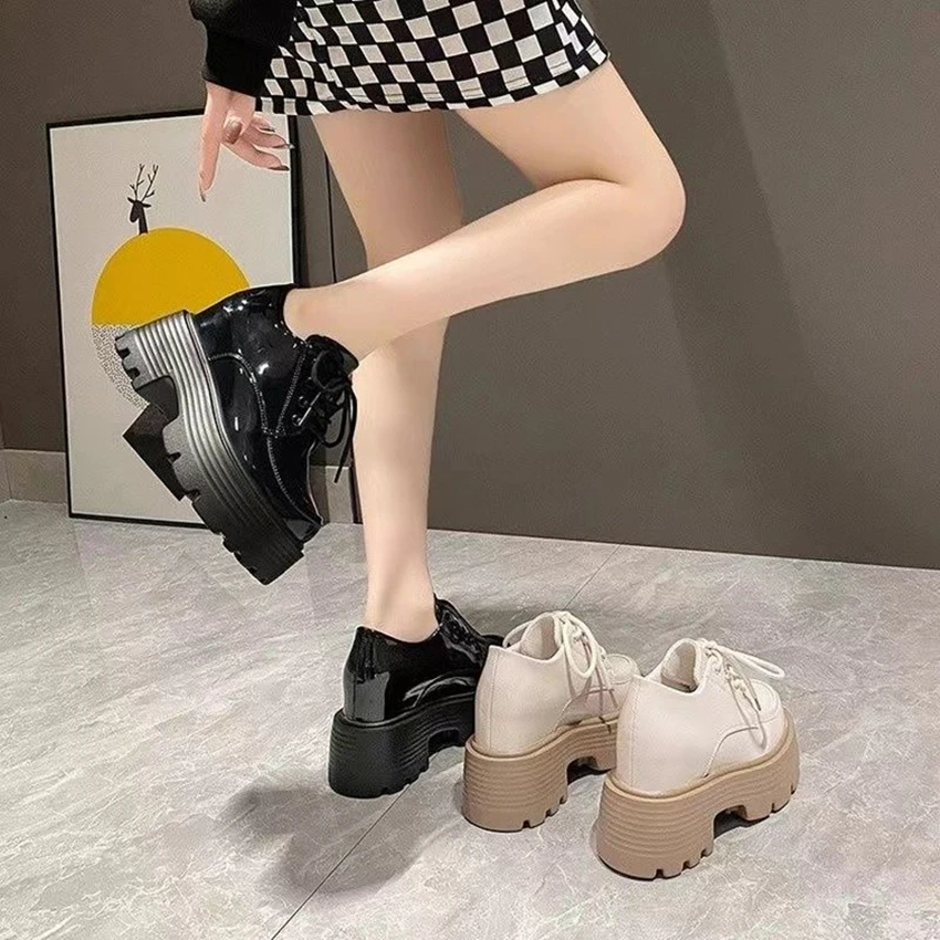 Spring Fall Women's Shoes New Line Matsuke Sole Casual Shoes Lace-up Lacquer Leather Glossy Top Lefu Shoes Single Shoe Fashion