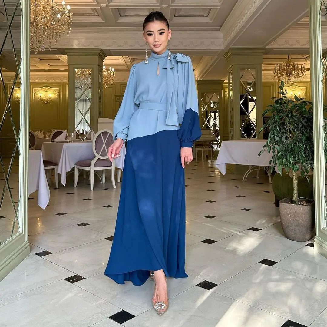 

Puff Long Sleeves Prom Dresses Beads Bow A-Line Sash 2 Colors High Neck Elegant Evening Dresses New Design Formal Party Gown