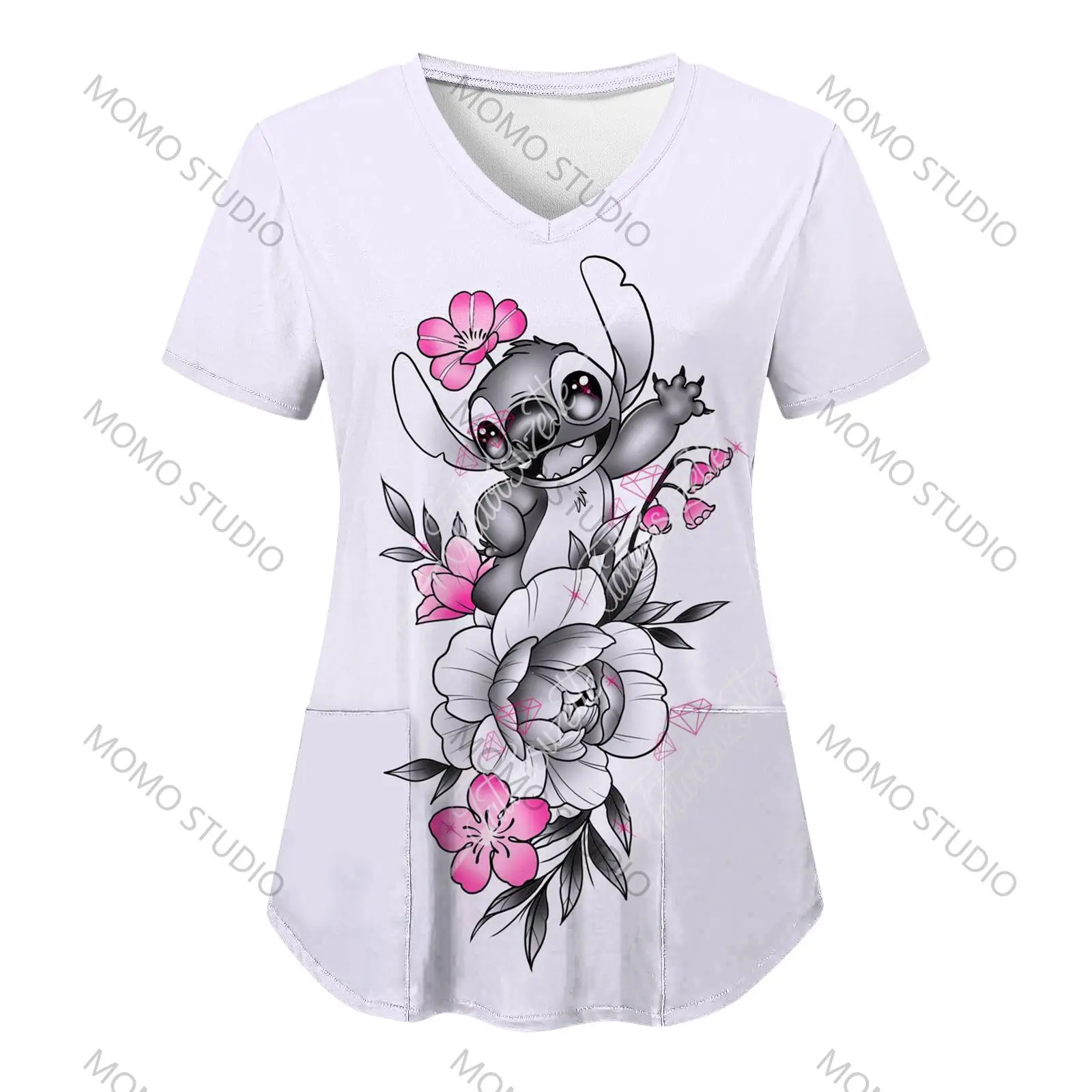 

Disney New T-shirt V Neck Summer Hospital Lilo & Stitch Woman T-shirts Nurse Uniform Y2k Pocket Clothing Uniform Pocket Neck Y2k