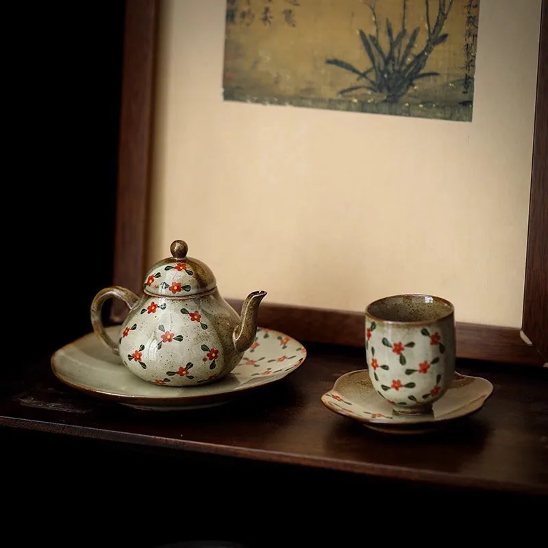 Japanese Style Imitation Firewood Teapot Handmade Rough Pottery Teapot Underglaze Colored Hand-painted Kung Fu Tea Set