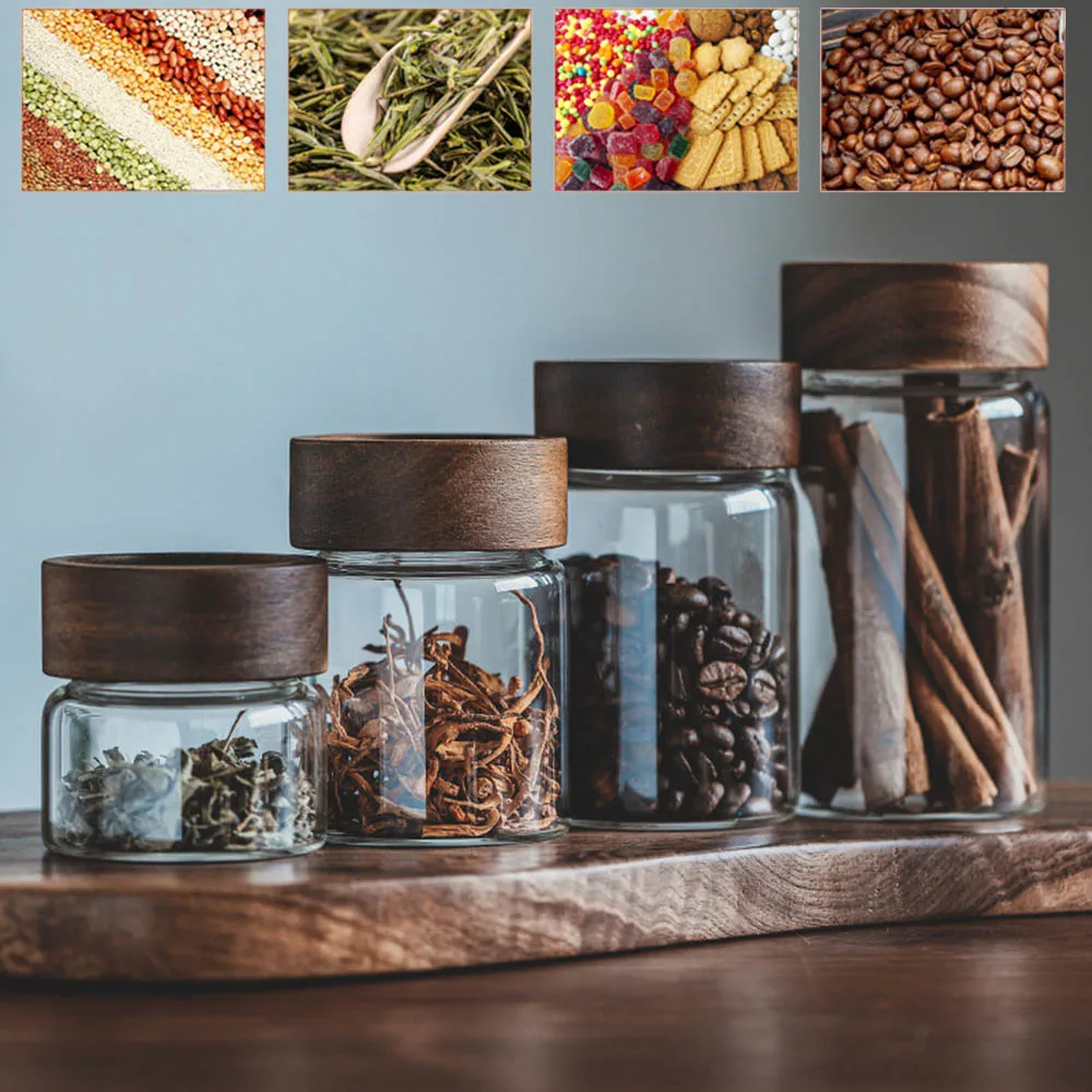 High Borosilicate Glass With Lids Storage Tank Acacia Wood Miscellaneous Grain Sealed Can Storage Pots Split Bottle Spice Jars 2