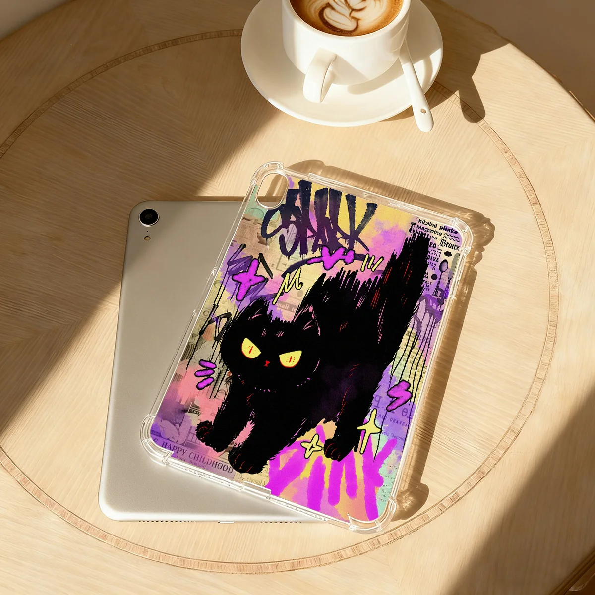 Transparent Tablet Case with Black Graffiti Cats Design