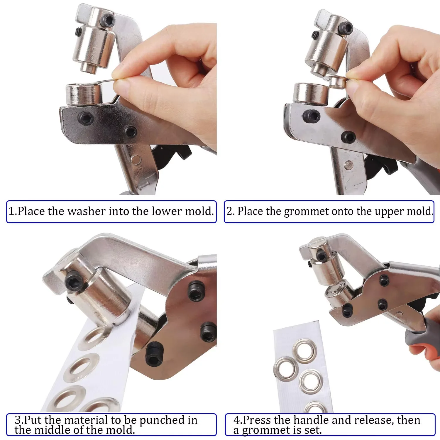 DASBET Handheld Grommet Punch Pliers Kit – Includes 500pcs 3/8” Silver Eyelets – Easy One-Hand Tool For Fabric, Banners & Crafts