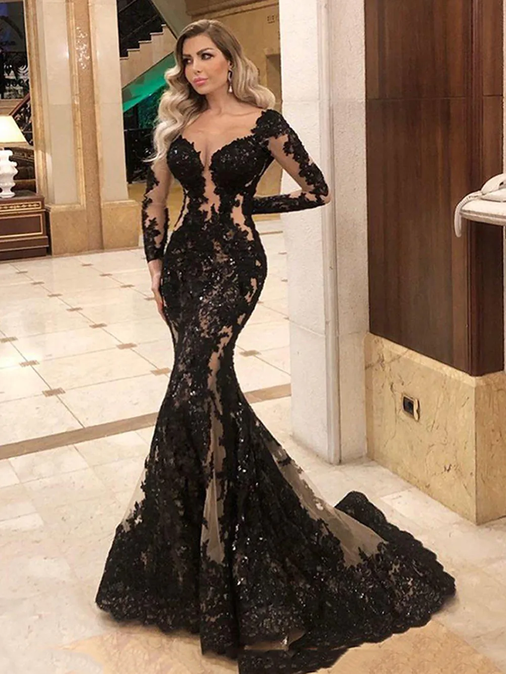 

Elegante Meerjungfrau Abendkleid Lange Hülse Frauen Formale Partei Sexy Schwarz Lange Prom Kleider Nach Maß robes de soiré