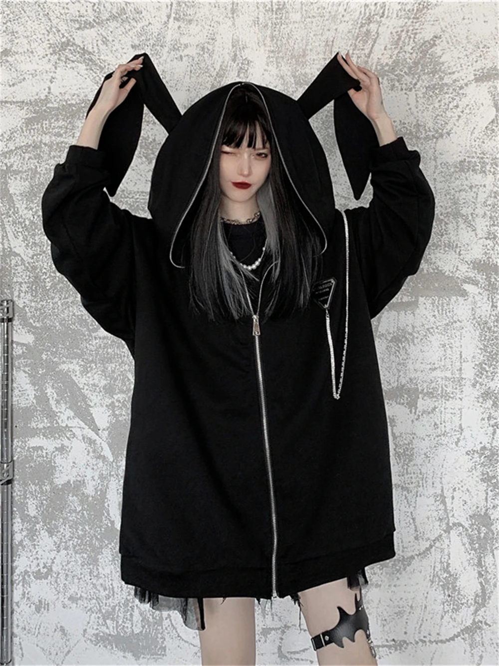Women's Cute Bunny Ear Hoodie - Zip Up Long Sleeve Rabbit Sweatshirt (One Size)