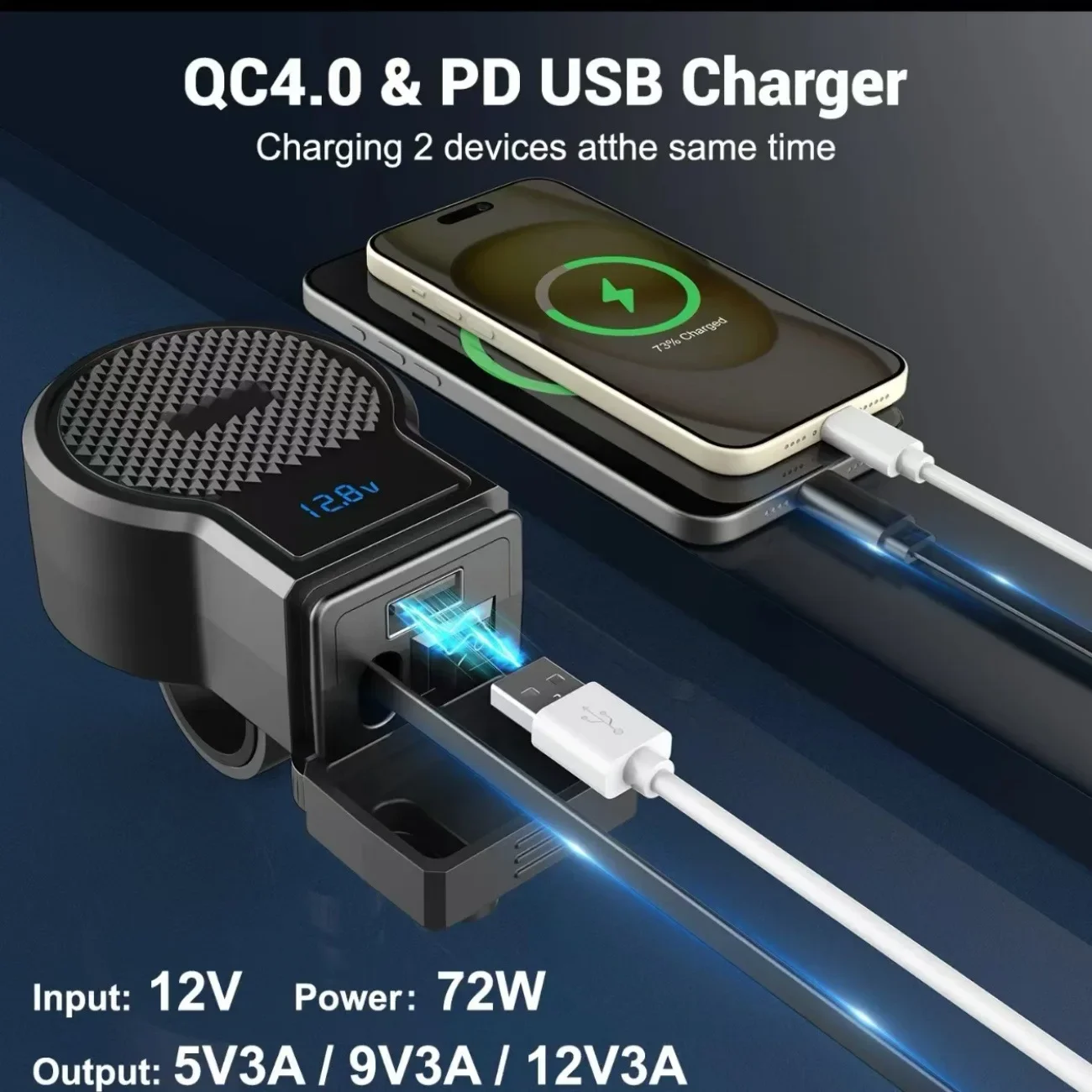 PD QC3.0 오토바이 USB 고속 휴대폰 충전기 방수 타입 C 포트 소켓 커넥터 (셀룰러 모바일 전압계 디지털 충전기 포함)
