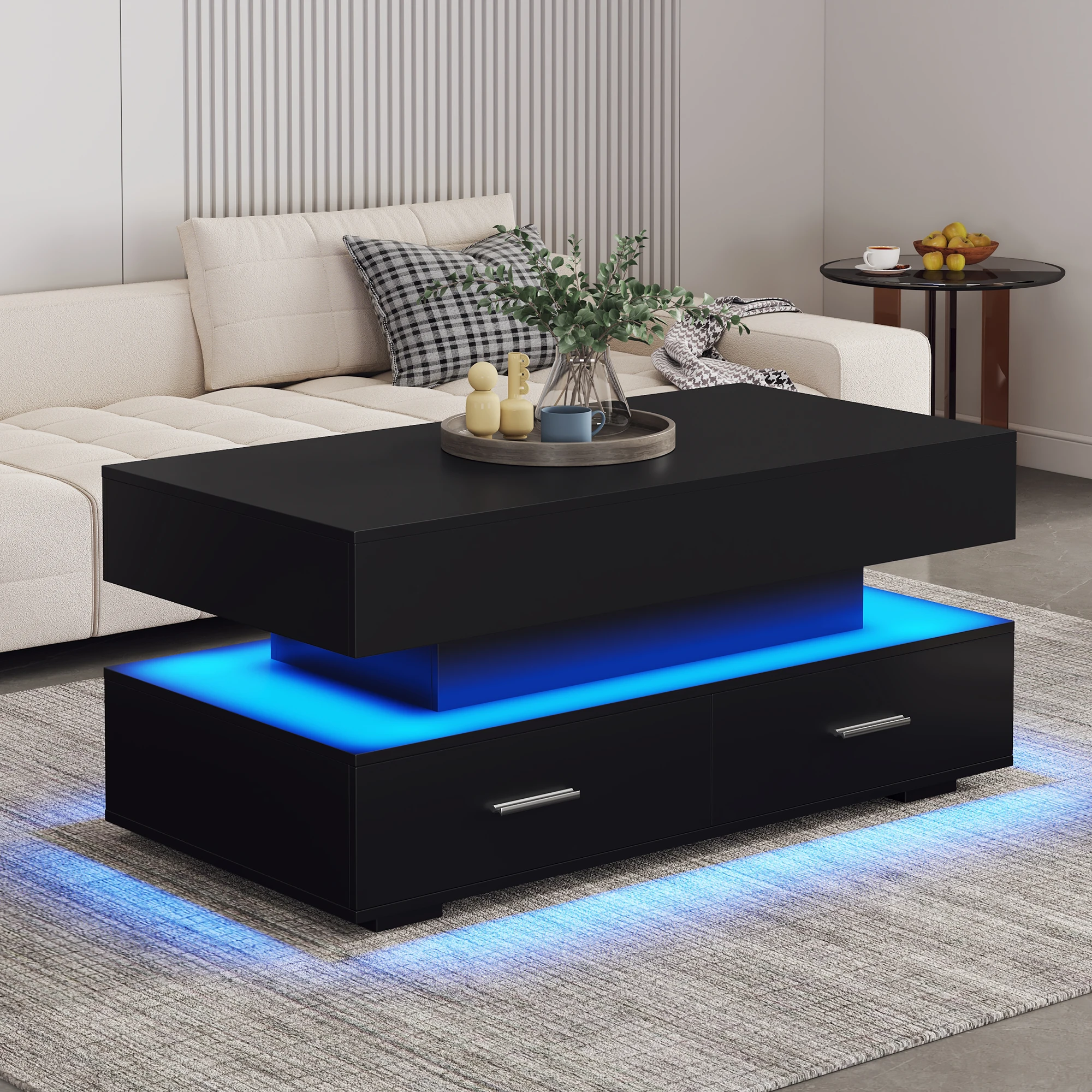 KOMHTOM Hydraulisch Höhenverstellbarer Couchtisch - LED-Beleuchtung & Bluetooth-APP-Steuerung, 2 Schubladen, Offener Stauraum – Detail 5