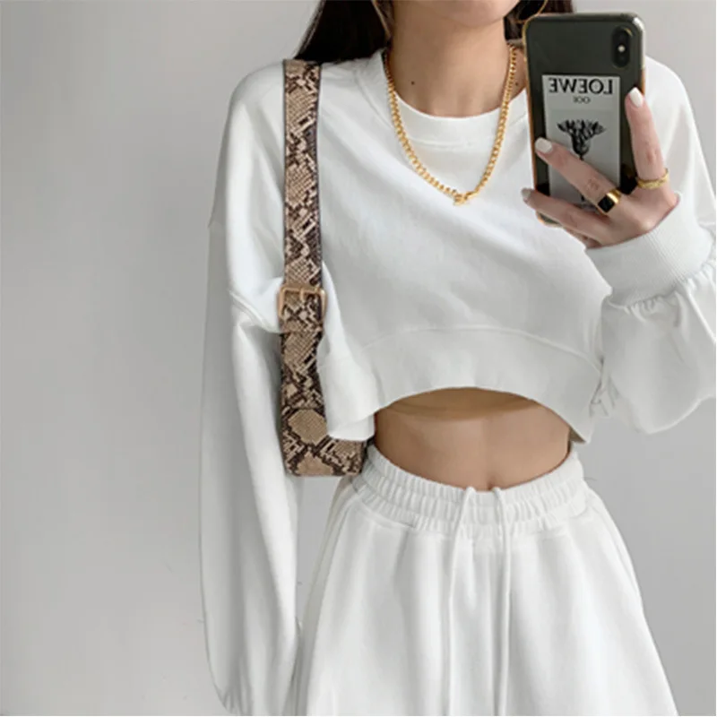 Korean Fashion Short Sweatshirts Women Sexy Solid Color Loose Crop Tops Woman Casual Streetwear Plus Size Pullovers Female 2