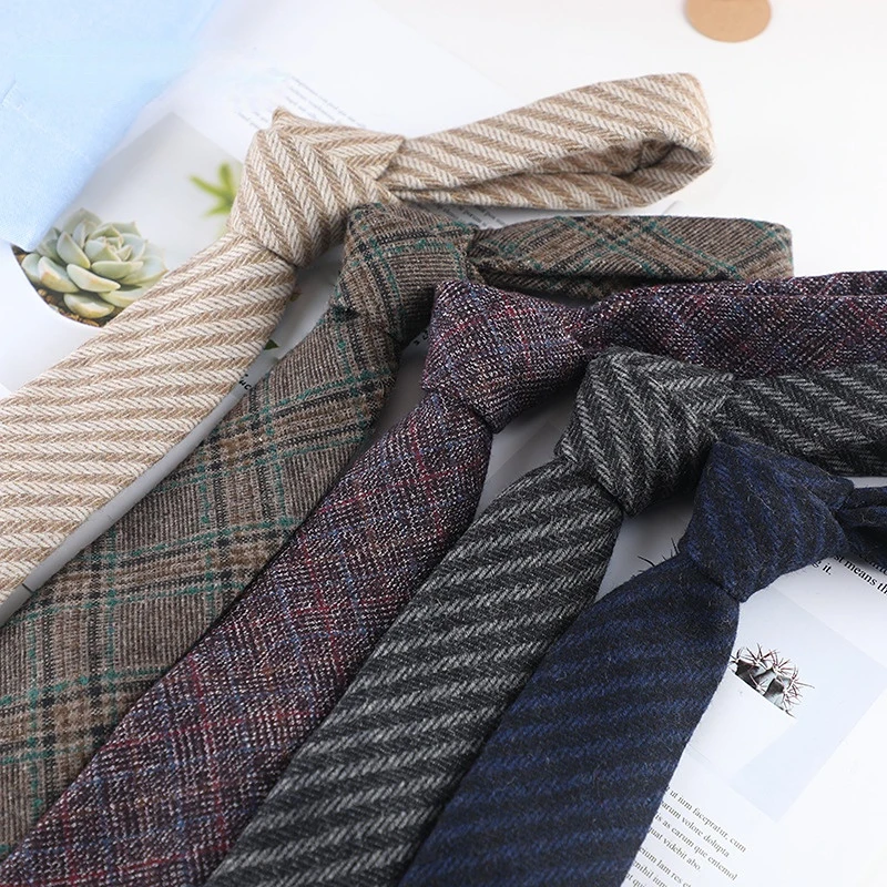 

7CM Wool Necktie Solid Plaid Autumn And Winter Tie for Men High Quality Cashmere Suit for Wedding Business Ties