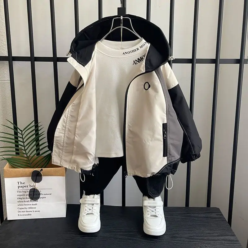 Children Coats Boys Spring Autumn 2023 New Fashion Zipper Patchwork Hooded Full Sleeves Jackets Korean Handsome Trench Outerwear