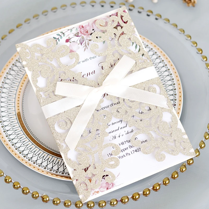 50Pcs Glitter Paper Lace Wedding Invitations Laser Cut Greeting Card Envelope Bridal Shower Invitation Card Birthday Party Decor