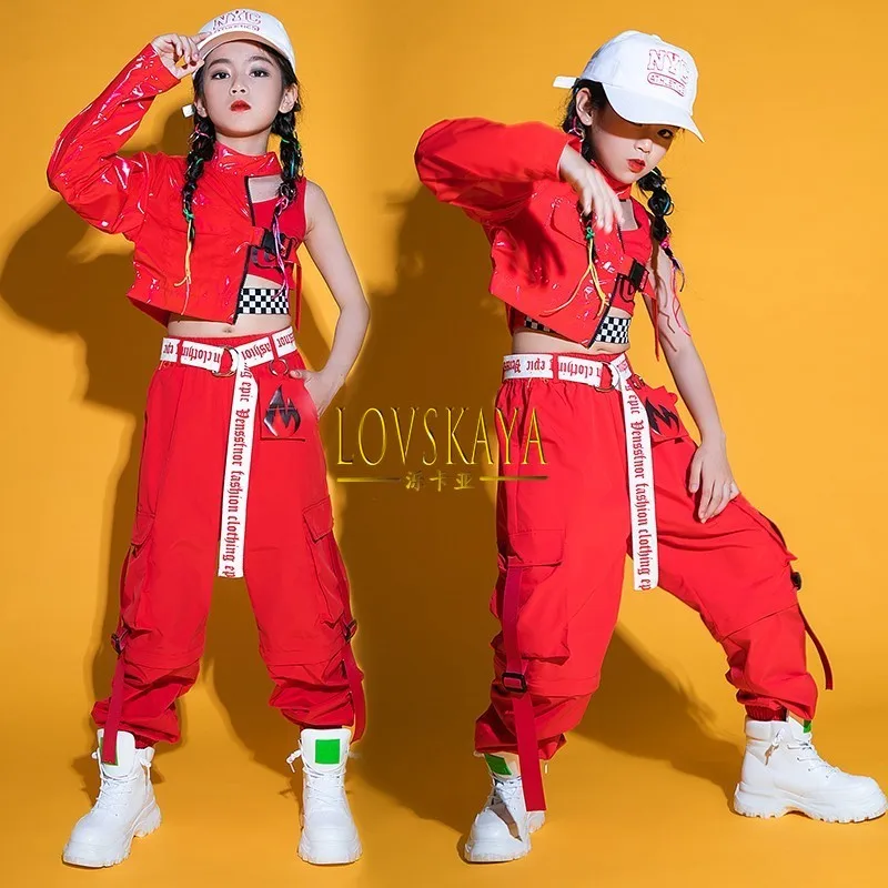 

Крутые кожаные топы, комбинезоны, брюки, красный джазовый костюм для девочек, танцевальная одежда в стиле хип-хоп, сценический костюм для выступлений, детская одежда