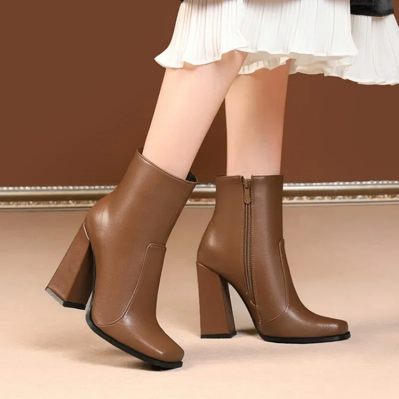 여성용 하이힐 부츠, 솔리드 PU 지퍼, 간결한 스퀘어 토 스퀘어 힐, 모던 부츠, 높이 10cm, 가을, 겨울, 새로운 스타일 패션