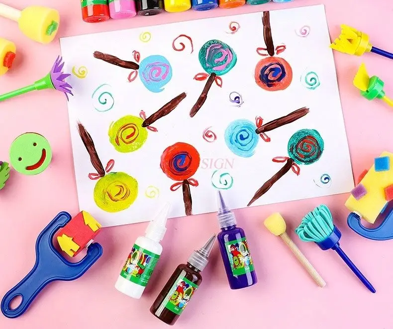 유치원 DIY 그림 재료 도구 세트, 스펀지 스틱, 마찰 페인트, 인감, 어린이 그림 붓, 미술 금형