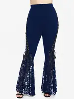 ROSEGAL Plus Size Womens Pull On Flare Pants Gothic High Waist Overlength Lace Panel With Lace-up Pleated Trousers Skinny Pants - Image 2