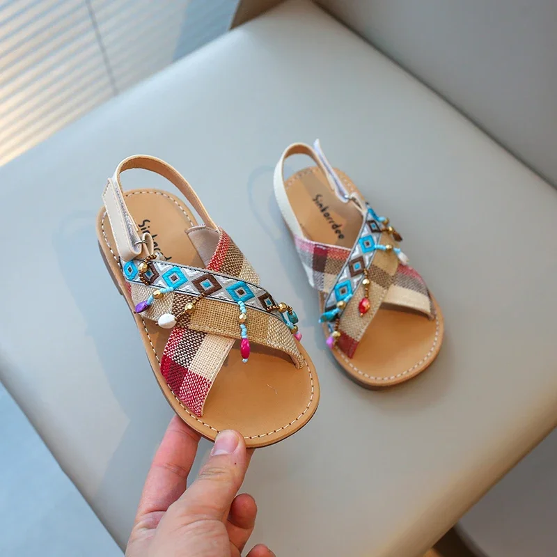 Girls Sandals Kids Summer Beach Shoes Gladiator with Pendants Retro Vintage Children Ethnic Sandals Flat Patchwork Bohemian Ins