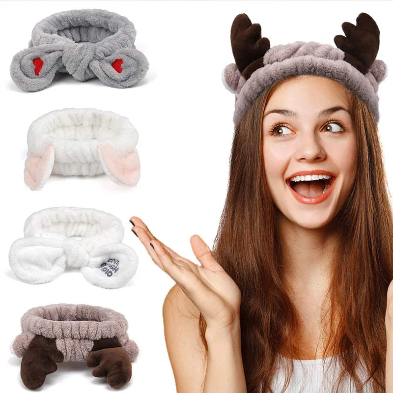 Cute Bow Antler Ears Coral Fleece Soft Warm Headband For Women Girl