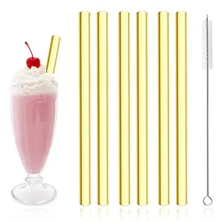 Deluxe Set of 7 Reusable Wide Glass Drinking Straws for Smoothies and Bubble Tea (Gold)