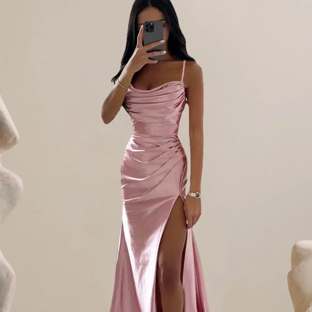 

Sheath Dress Elegant V Neck Satin Evening Gown with High Split Slim Fit Waist Prom Dress for Summer Parties Balls Slit Detail