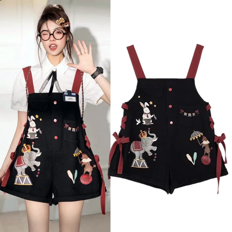 

Ins Chic Playsuits Women Cartoon Print Black Jumpsuit Cute Overalls Rompers Young Girls Pants Loose Party Lace Up Jumpsuits NZ39