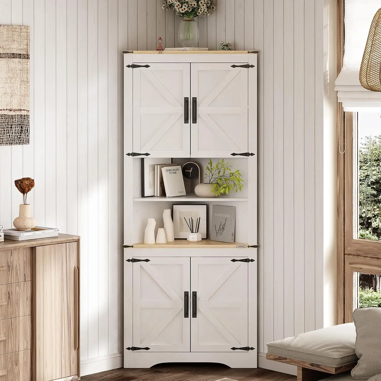 Redlife 70.5''Tall Corner Cabinet, Farmhouse Storage Cabinet with Barn Door Design & Adjustable Shelves for Bathroom Living Room - Image 5