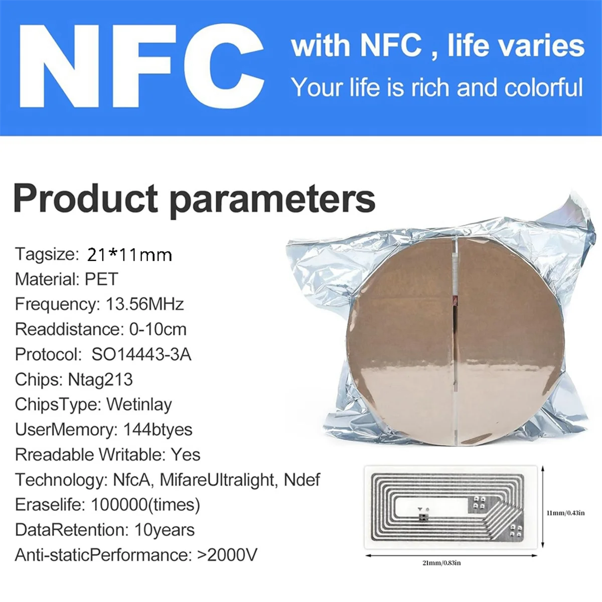 NFC Tags Sticker with NTAG213 Chip Blank NFC Stickers Adhesive Labels RFID Tags Rewritable 144 Bytes Memory 100 PCS