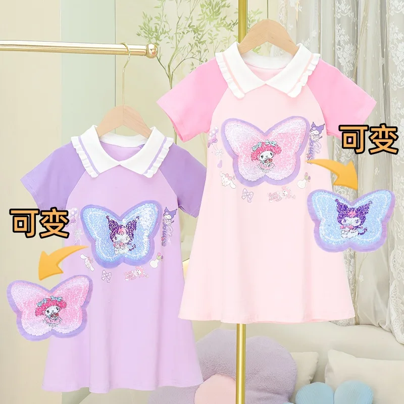 

2024 New Sanrio Kawaii Kuromi My Melody Dress Summer Sweet Cute Cartoon Anime Fashion Girls Sequin T-Shirt Tops Gift for Kids