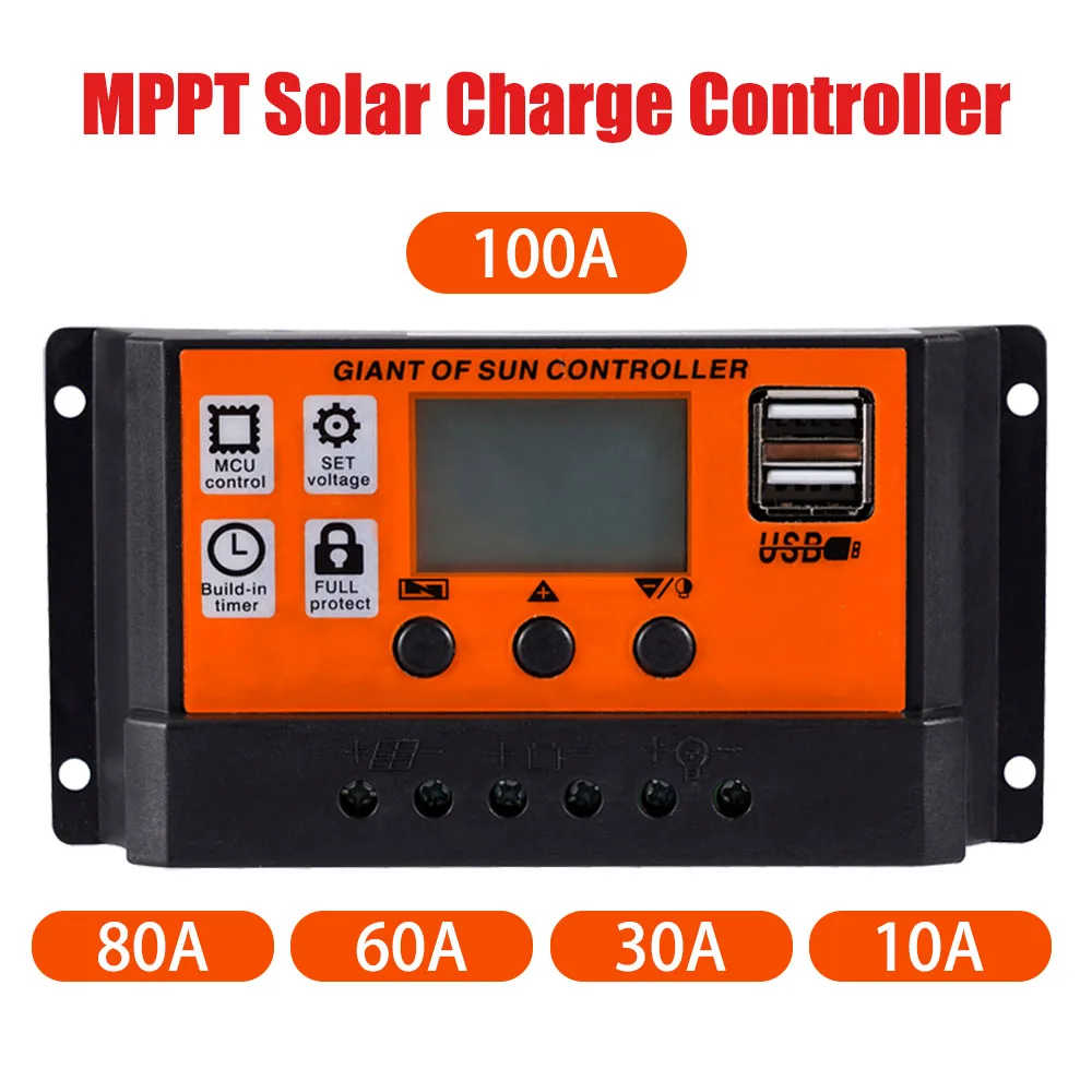 100A/80A/60A/30A/10A MPPT Auto Solar Charge Controller LCD Display Dual USB Output 5V Solar Panel Battery Charge Regulator