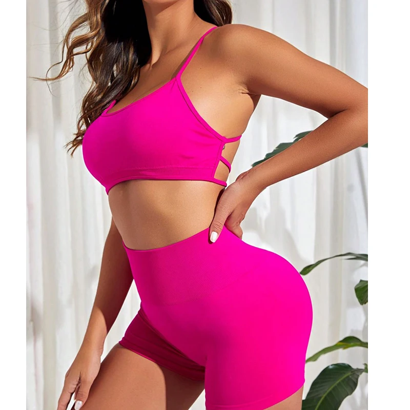 Seamless Backless Yoga Suit 2PC Set Women Sexy Fuchsia Gym Leggings Bra Set High Waist Workout Clothes Hip Raise Pants