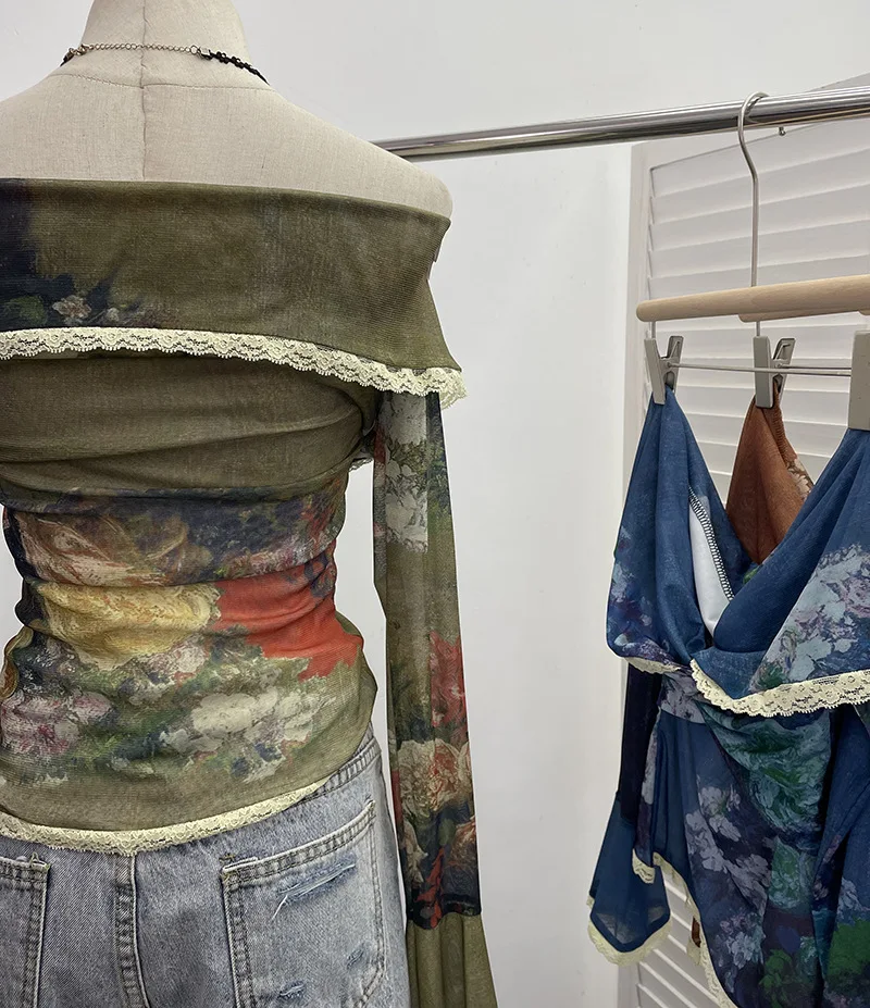 Description Picture 5 of itemVintage Oil Painting Printed Women T-Shirt Harajuku Tie-Dye Slash Neck Pleated Top Korean Chic Long Sleeve Lapel Tees New