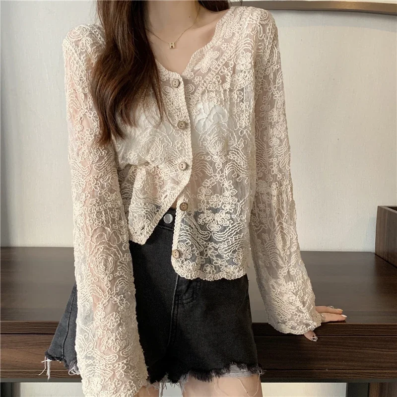 Vintage Summer Lace Blouses Women See Through Sheer Long Sleeve Sun Shirts Korean Style Casual Sun Protection Sexy Ladies Tops 5