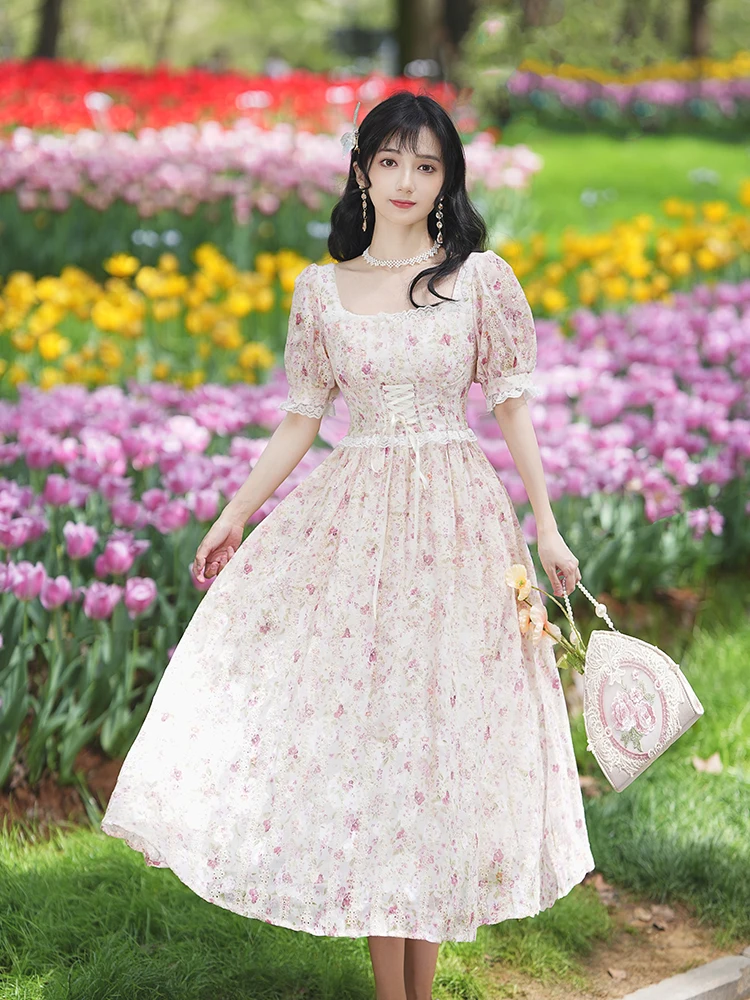 Classic Lolita Fashion Elegant Refined Fairy Short Sleeves Chic Floral  Embroidery Tiered Bottom Midi Dress