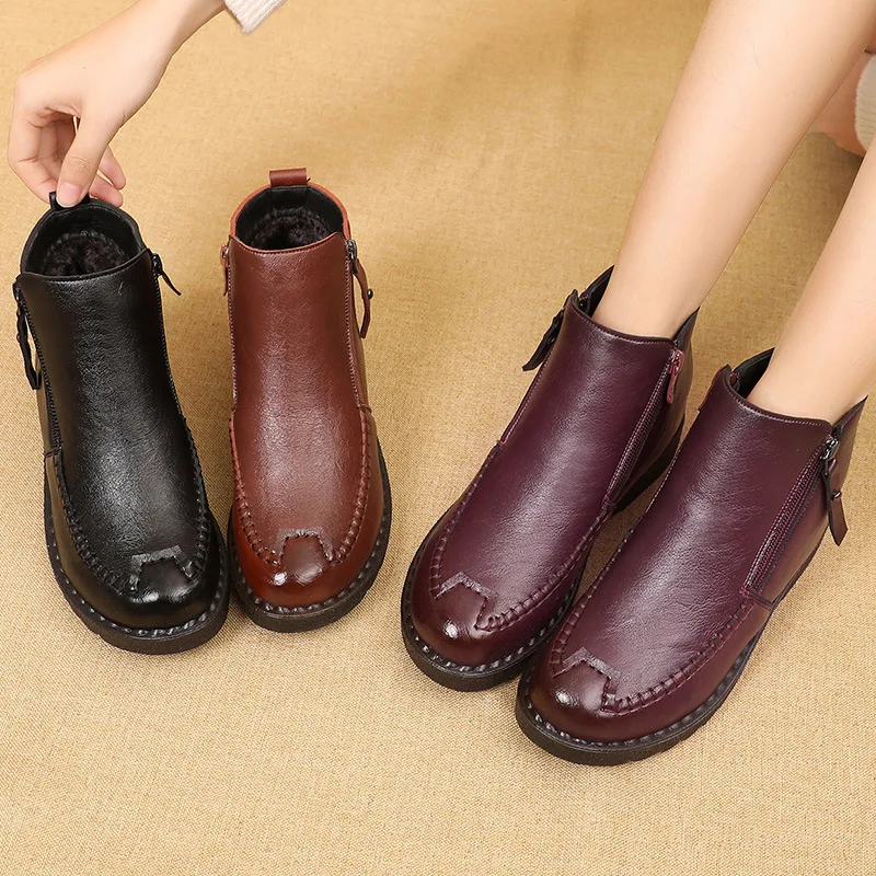 2023 Fashion Winter Boots Women Leather Ankle Warm Boots women's casual ankle boots mother flat warm non-slip cotton shoes