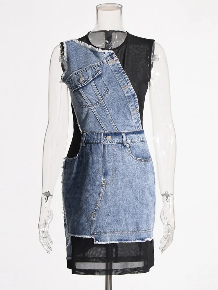 BPN Casual Patchwork Denim Dresses For Women Round Neck Sleeveless High Waist Hit Color Slimming Mini Dress Female Fashion Style