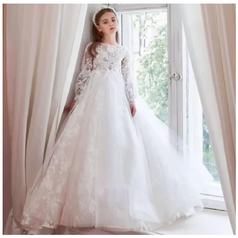 

Flower Girl Dresses Long Sleeve Pizzo Soffice Sheer Neck Ball Gown Little Girl For Wedding Party First Communion Pageant