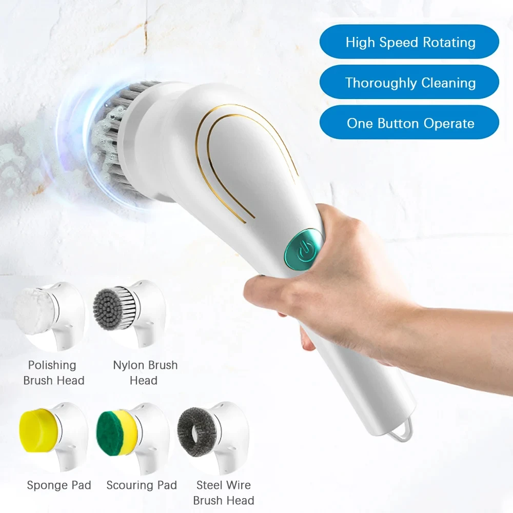 

Electric Spin Cleaning Brush with 5 PCS Heads Cordless Portable Scrub Brush Handheld Scrubber Suitable for Bathroom Kitchen Tool