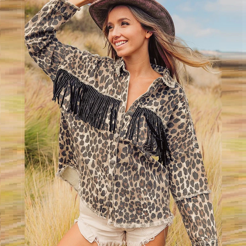 

Fringed Denim Jacket Women 2024 New Washed Leopard Print Jean Outerwear