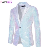 Shiny White Sequin Glitter Blazer for Men One Button Peak Collar Tuxedo Jacket Mens Wedding Groom Party Prom Stage Costume Homme 1