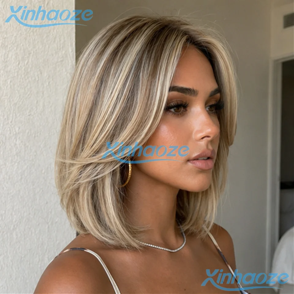 Parrucche corte bob in capelli umani con mèches biondo cenere # Parrucche Bob Corte 613 con Frontale in Pizzo 13x4, Pre-Piumate, Densità 180% - immagine 4