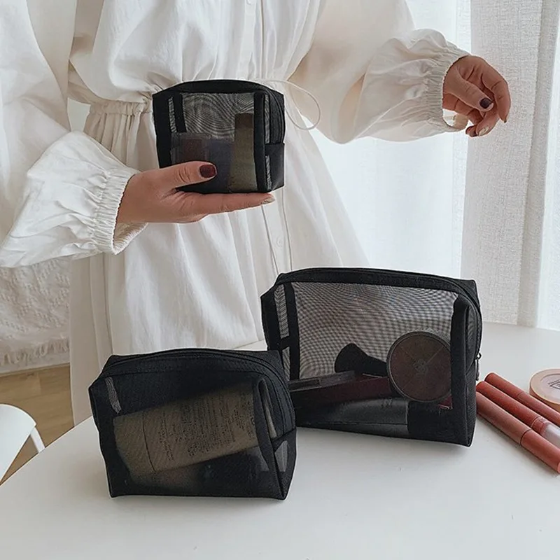 Mesh Transparent Cosmetic Bags Small Large Clear Black Makeup Bag Portable Travel Toiletry Organizer New Lipstick Storage Pouch 3pcs mesh cosmetic bags s m l   transparent makeup bags portable travel toiletry organizer lipstick storage pouch outdoor