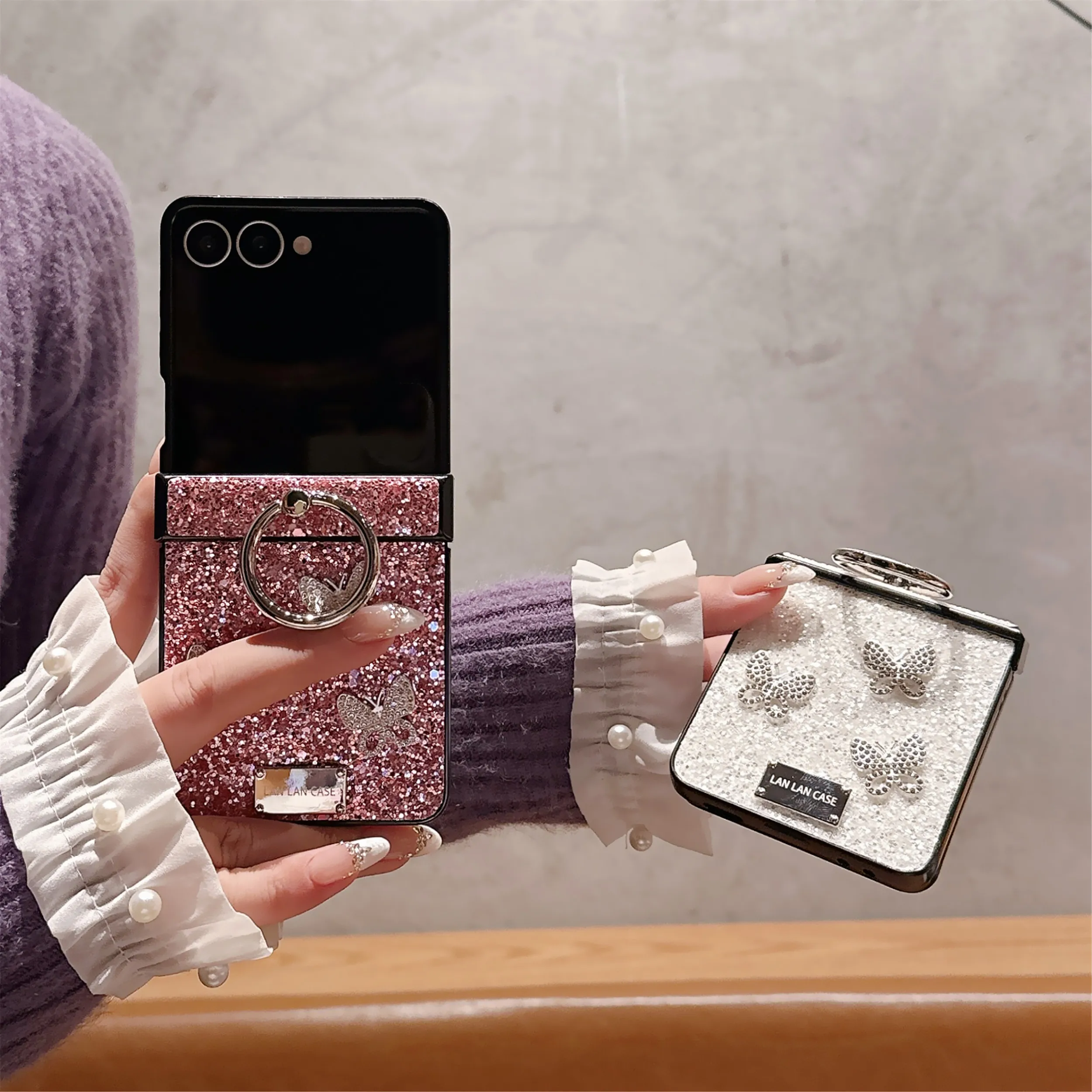 Luxury Glitter 3D Butterfly Ring Case - Shockproof Back Phone Cover