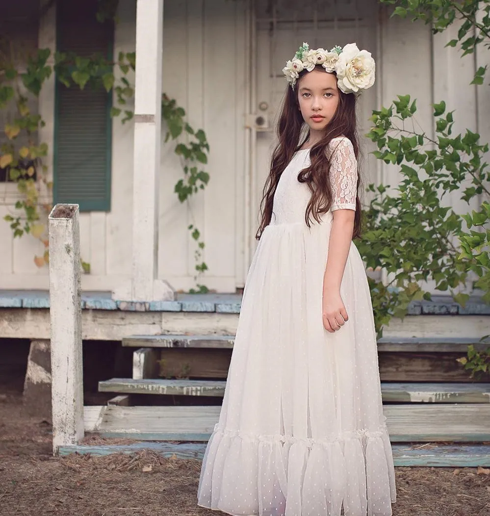 

Simple Country Flower Girls Dresses Ivory Lace For Kids Wear Half Sleeve Boho Beach Long Wedding Guest Party Dress Communion