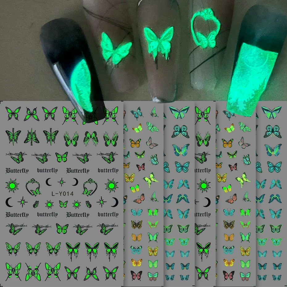 9pcs Glow In The Dark Butterfly Nail Art Stickers Luminous Moon Star Design Halloween Y2K Adhesive Sliders Charm Manicure Decals