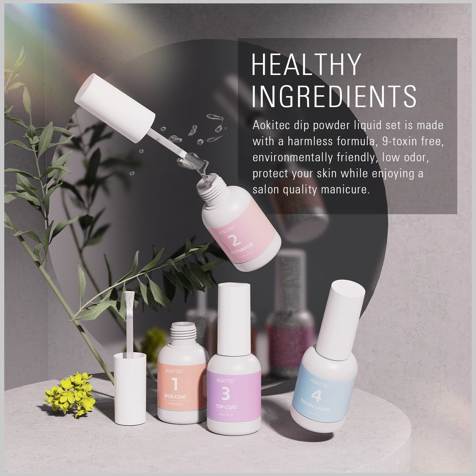 Aokitec 15ML Top Coat Nail Gel Glue 1PC Curing for Dipping Powder Function Gel Soak Off Varnish